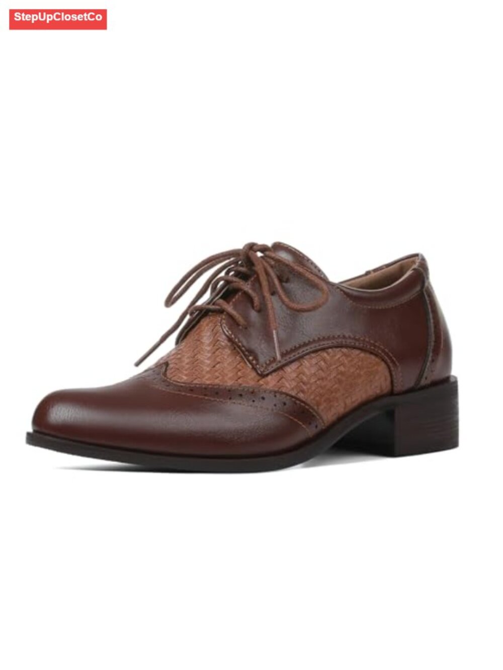 Women's Pointed Toe Oxford Shoes Wingtip Saddle Lace-Up Low Heel Anti-Slip
